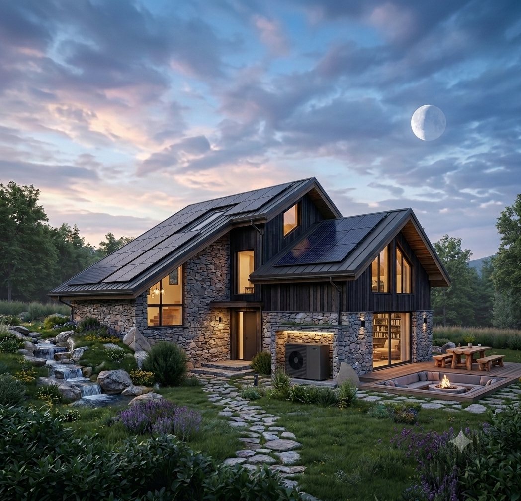 Modernes Haus mit Solaranlage und Wärmepumpe zur blauen Stunde